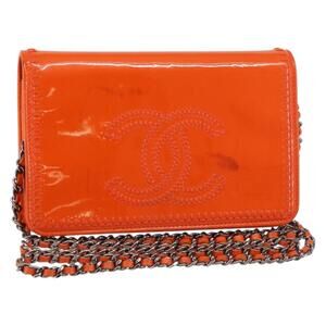 CHANEL COCO Mark Chain Wallet Patent leather Orange Silver CC Auth 155737
